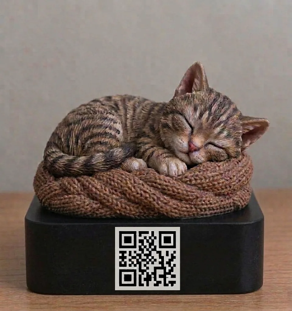 Figura 3D pintada a mano de un gatito dormido sobre una base con código QR